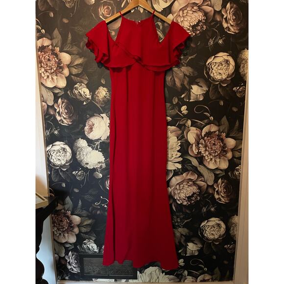 Badgley Mischka Crossover Ruffle Gown 8 Red Cold Shoulder Formal Maxi - Picture 5 of 9